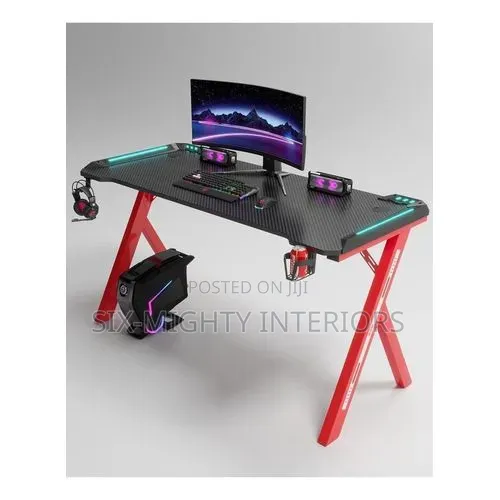 Modern R Shaped RGB Led Lights Gaming Table 1.2mtr (Black/Red)