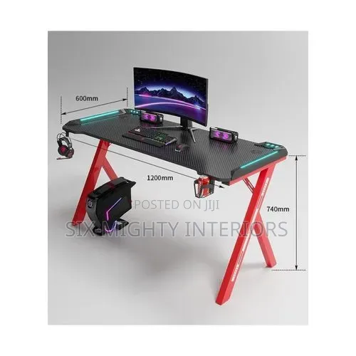 Modern R Shaped RGB Led Lights Gaming Table 1.2mtr (Black/Red)