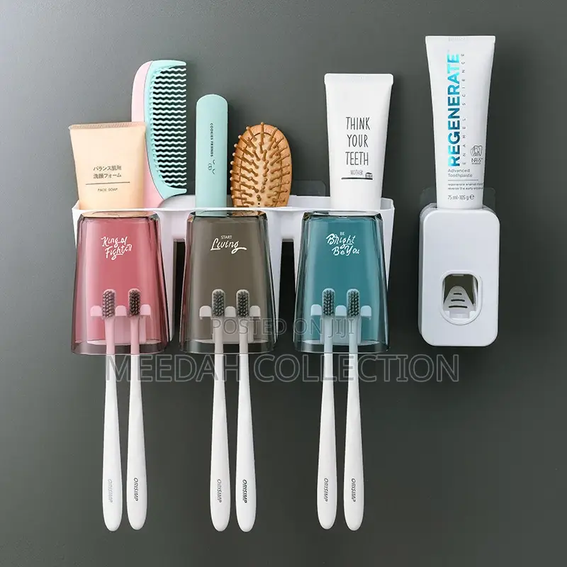 Wall Mounted Punch Free Toothbrush and Toothpaste Rack With Cups