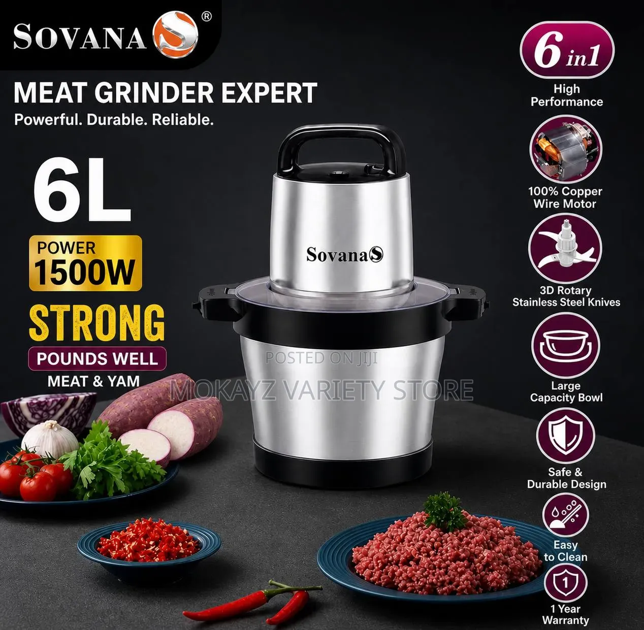 6l Sovana Electric Kitchen Expert Yam Pounder (1500wat)Copper Motor
