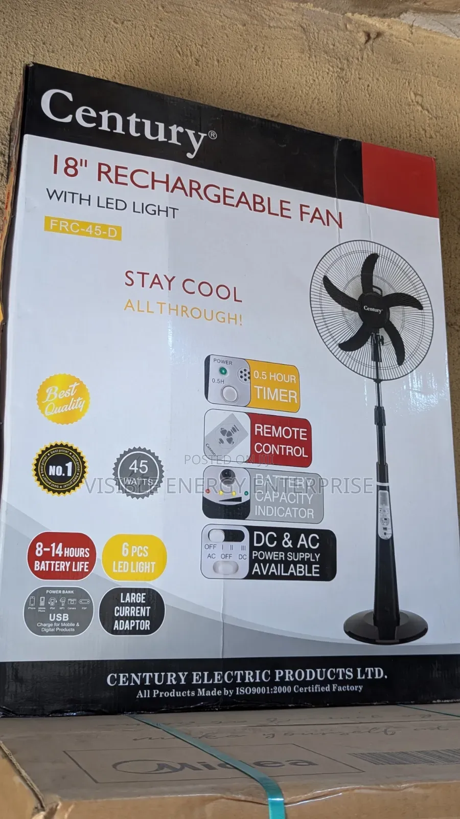 Century FRC-45-D 18" Rechargeable Standing Fan With an Led Light .