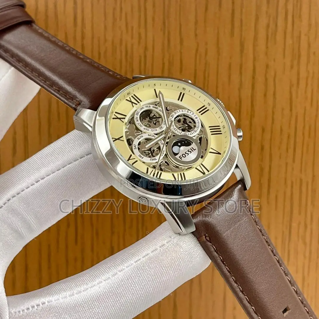 Fossil Quality Luxury Men Genuine Leather Automatic Engine Wristwatch