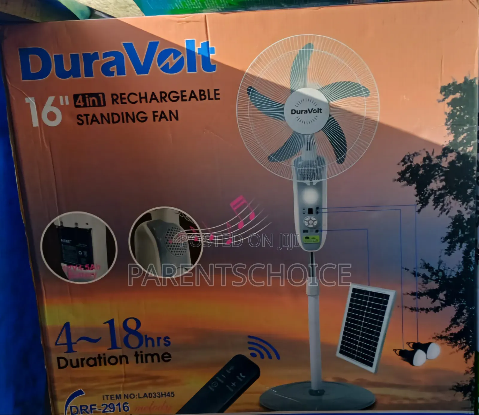 Duravolt 16" Rechargeable Standing Fan With Panel Bulbs Ac/Dc