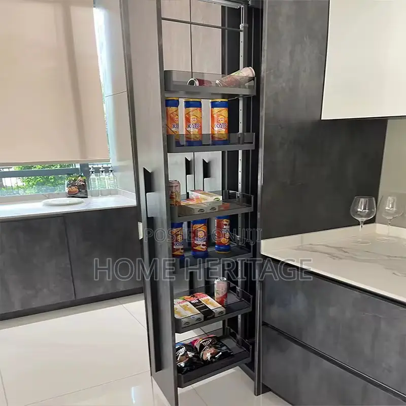 Elegant Grey Pull-Out Pantry – Modern Kitchen Storage Solution