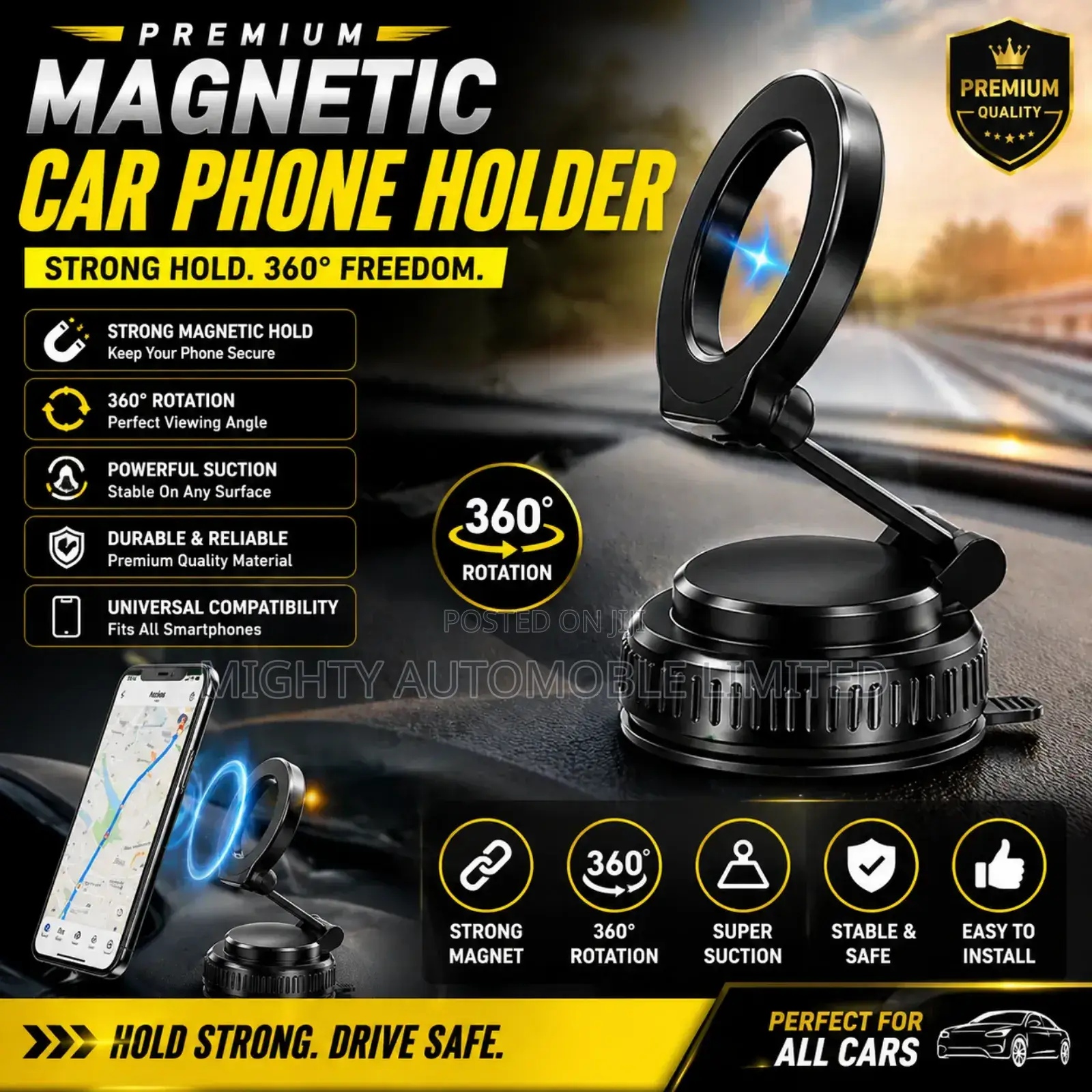 Premium Magnetic Car Phone Holder – Strong Grip 360° Rotation