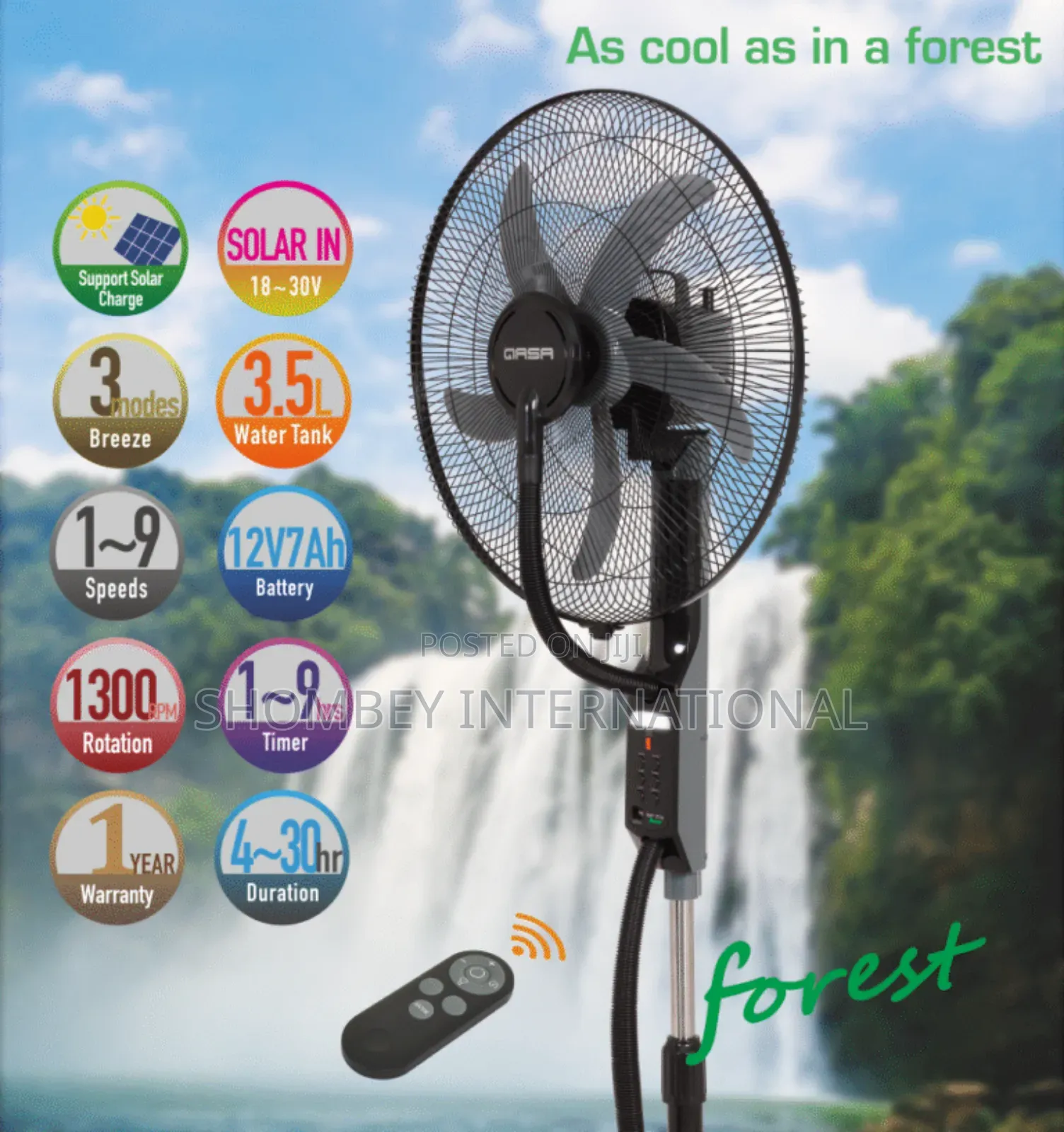 Qasa 18" Forest Mist Rechargeable Solar Fan