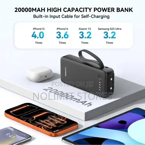Foomee 20000mah Power Bank, Built-in 3-in-1 Cable Type-C, Led Light