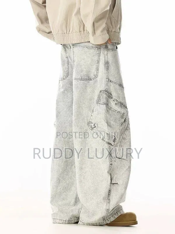 Washed Grey Cargo-Style Baggy Jeans