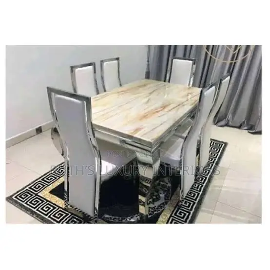 6 Seater Marble Dining Set - White Available in Gold and Silver Frame