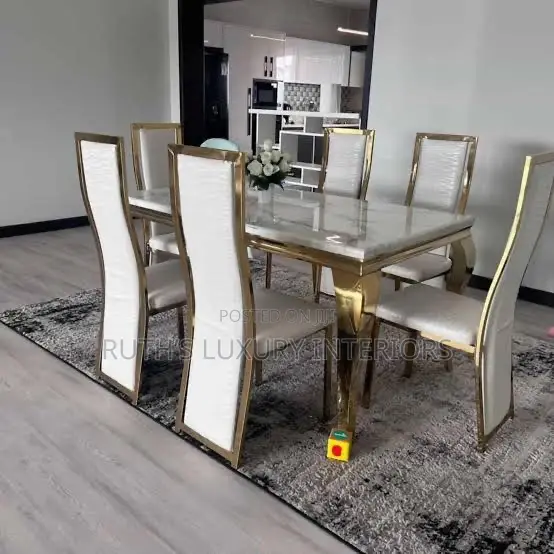 6 Seater Marble Dining Set - White Available in Gold and Silver Frame