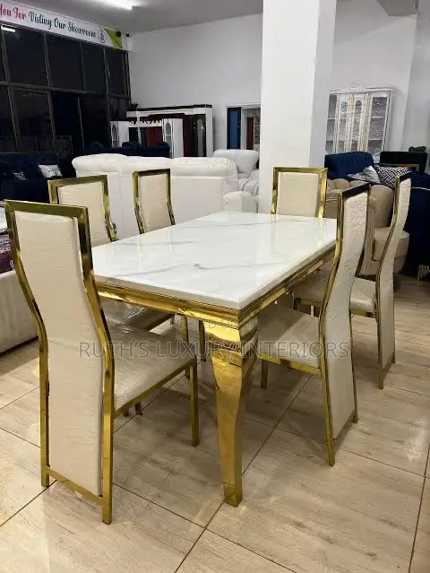 Six Seater Golden Marble Dining Set