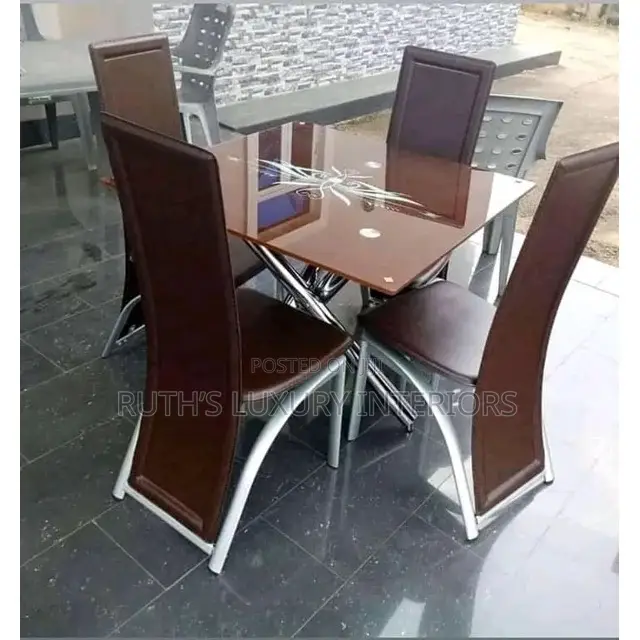 Quality Glass Dining Table With 4 Chairs (Brown)