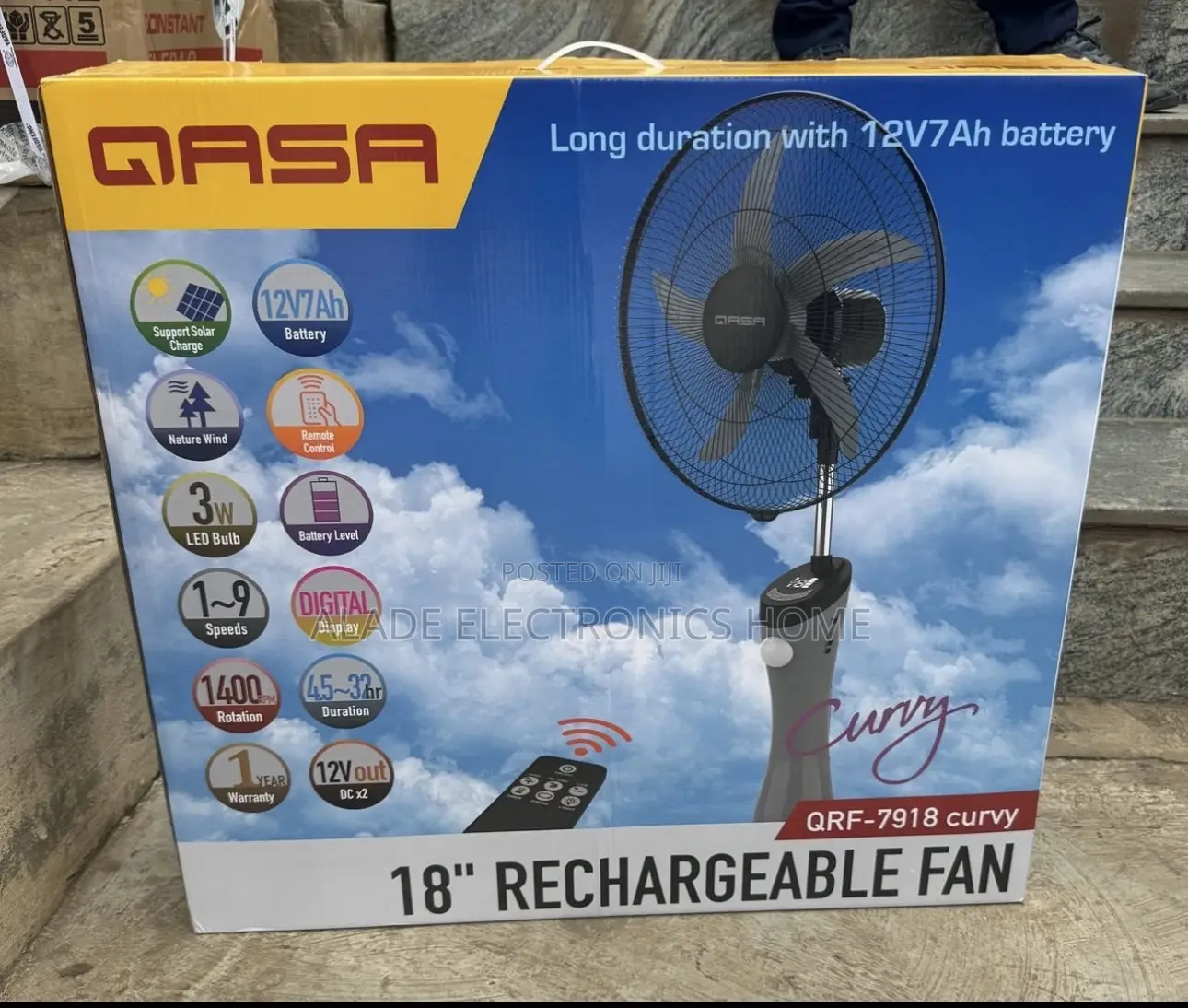 18” Qasa Rechargeable Fan (With Solar Panel ). 32hrs Battery Life
