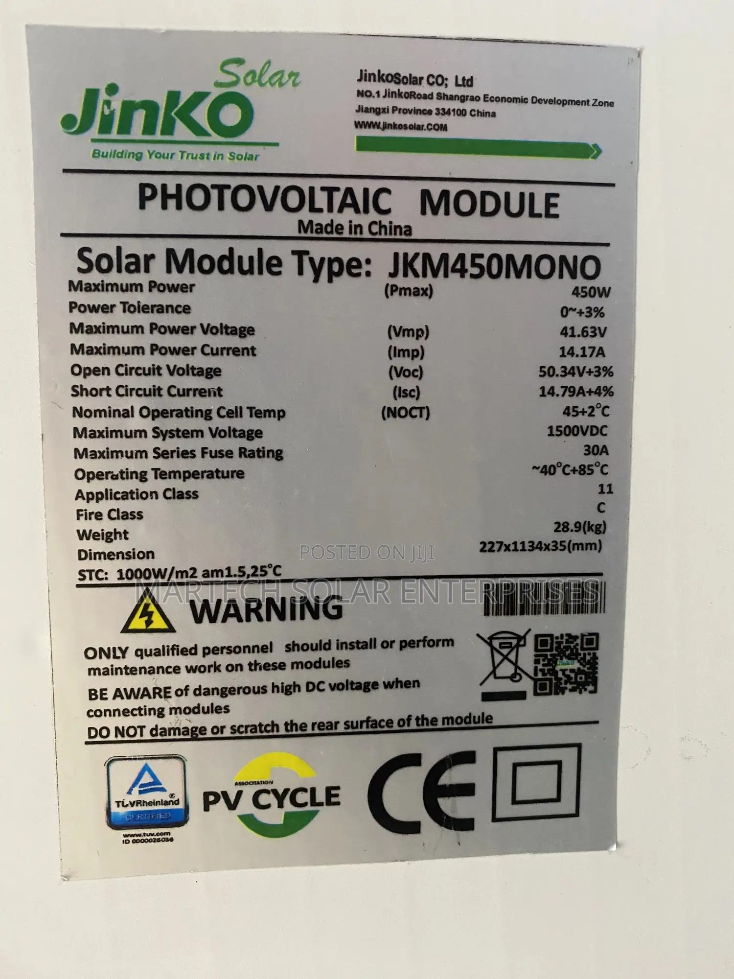 Jinko 450w Bifacial Mono-Crystalline Solar Panel
