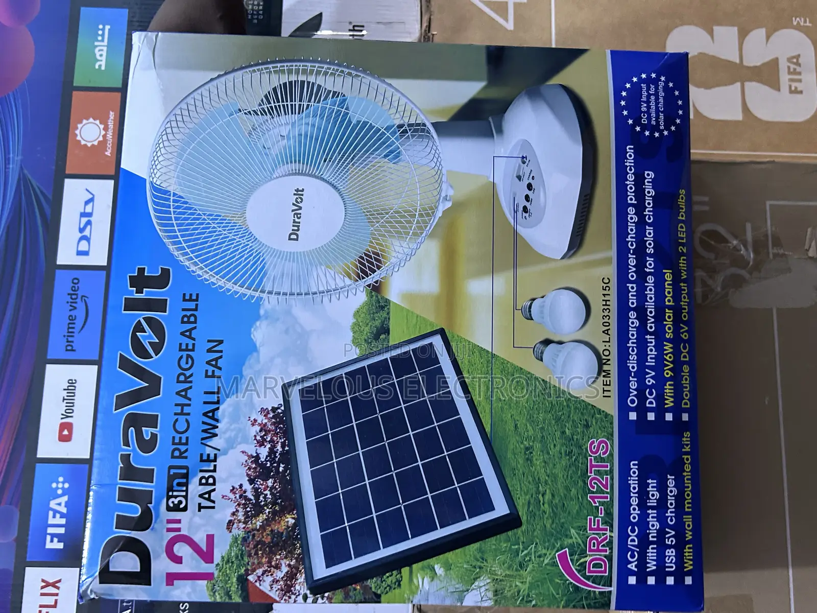 Brand New Original Duravolt 12inch Rechargeable Solar Fan With Panel