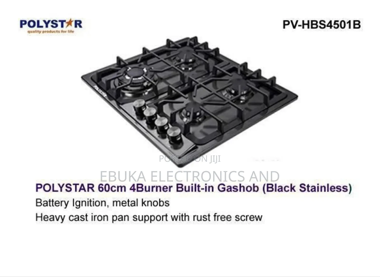 Polystar All Gas Built-in Gas Cooker 4 Burner Black Stainless