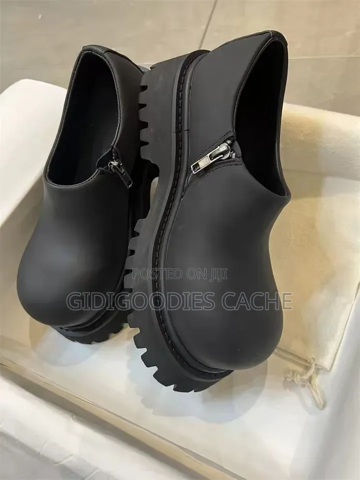Black Chunky Platform Leather Loafers With Side Zip