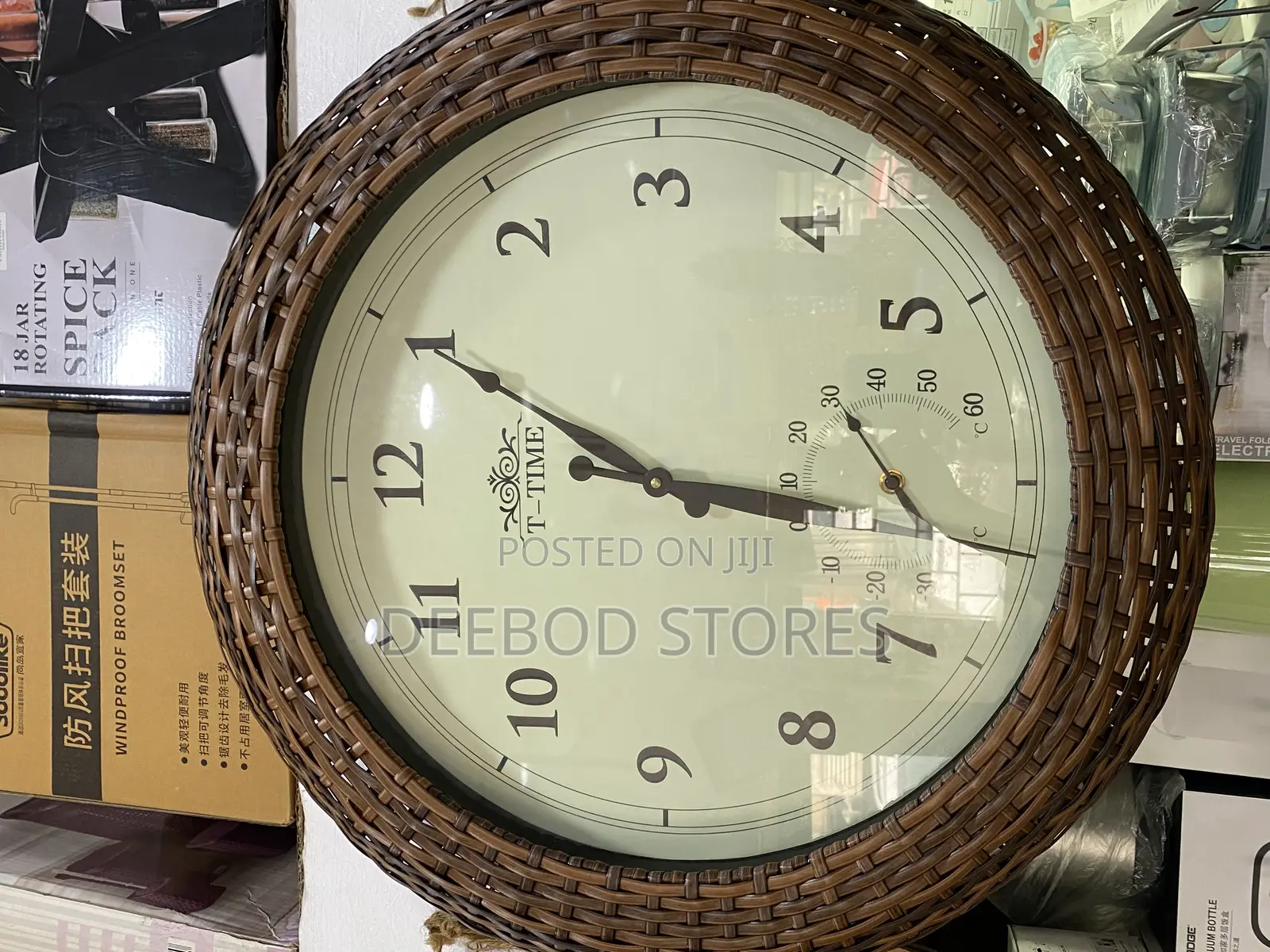 T-Time Brand Wicker-Style Wall Clock With a Built-in Thermometer