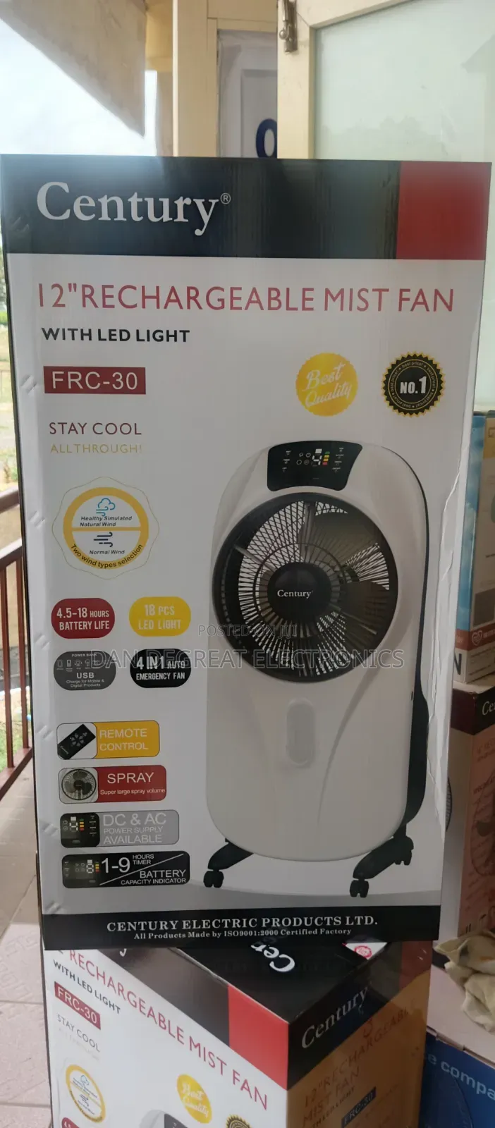 Century FRC-30 12" Rechargeable Box Mist Fan With Led Light