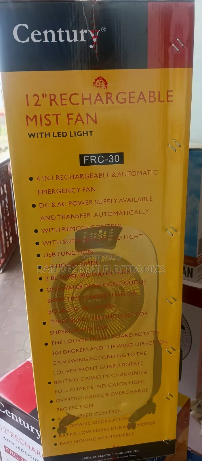 Century FRC-30 12" Rechargeable Box Mist Fan With Led Light