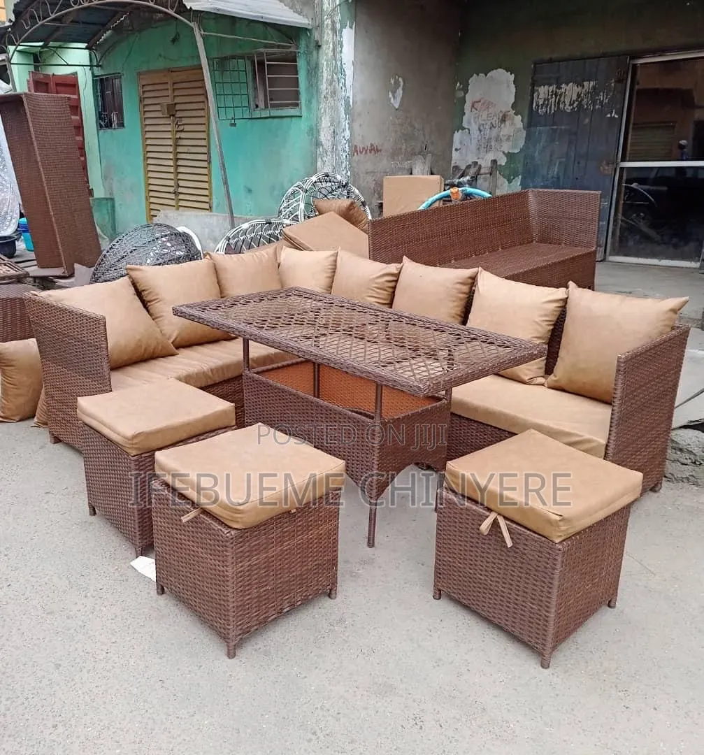 L Shape Rattan Sofa Brown Color With Brown Cushion