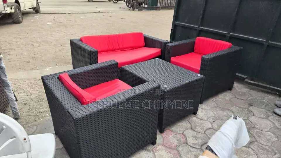 Black With Red Cushion Rattan Sofa