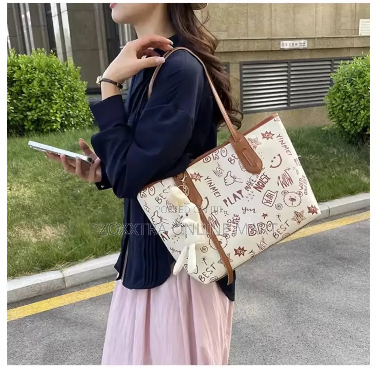 Cute Cartoon Pu Shoulder Bag Women's Large Tote Bag With Zipper