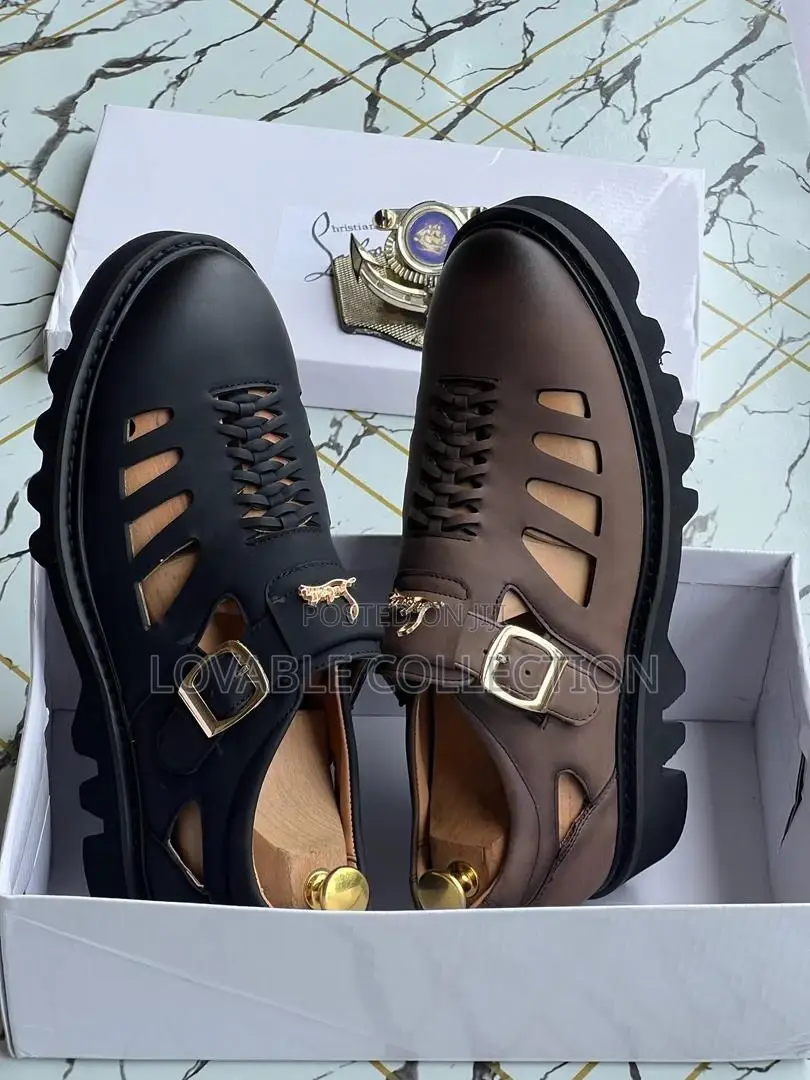 Christian Louboutin Chunky Black Leather Buckled Sandals