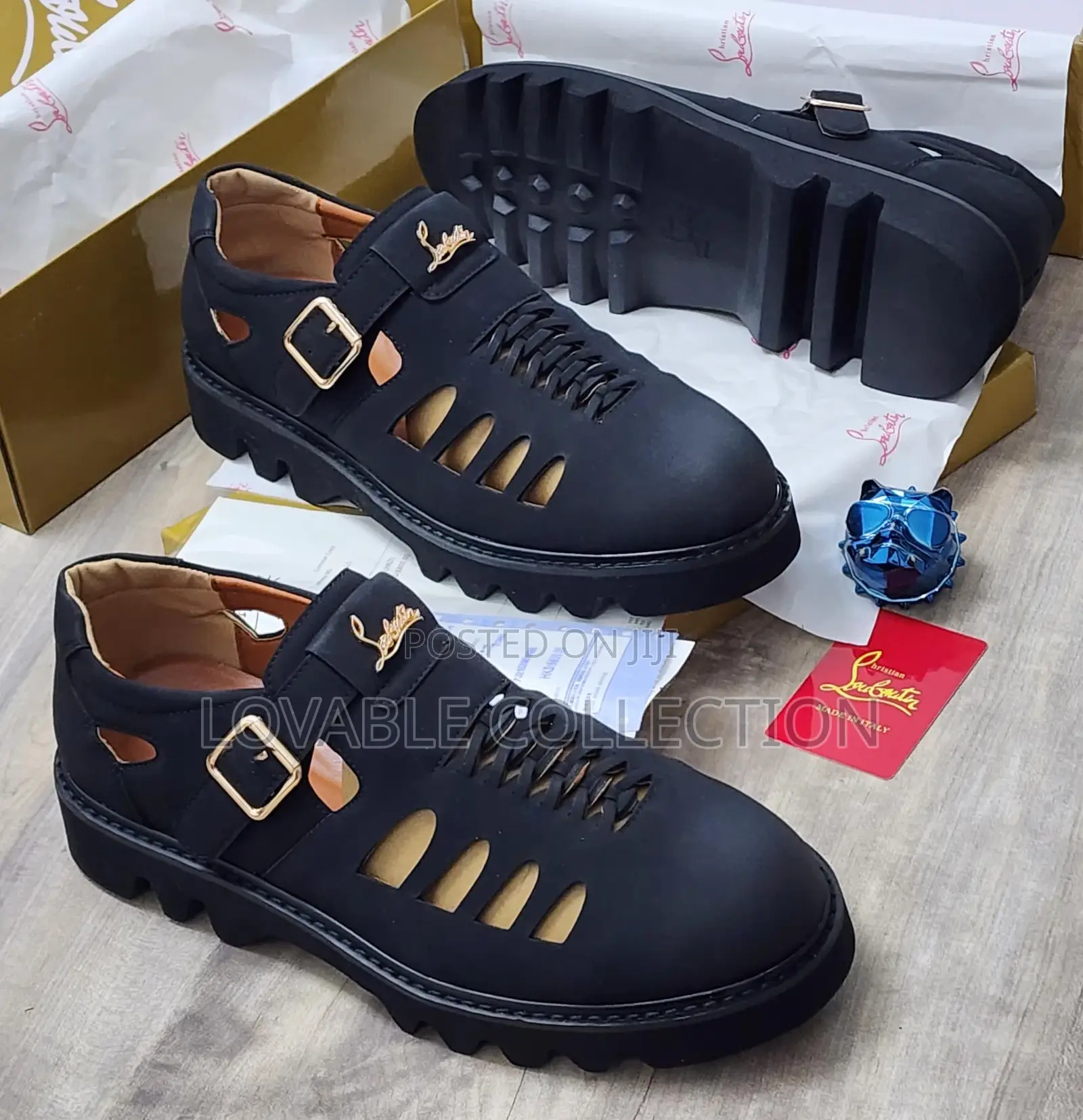 Christian Louboutin Chunky Black Leather Buckled Sandals
