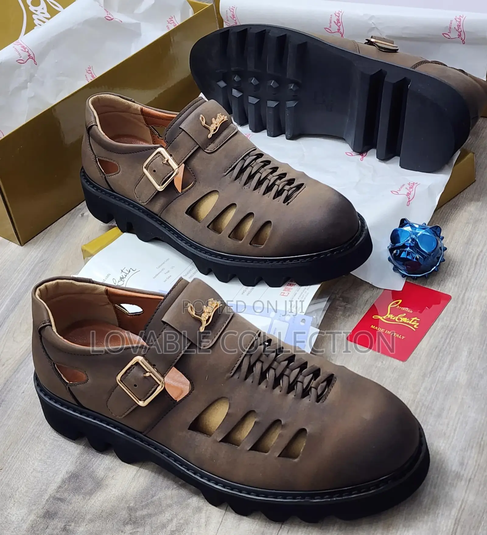Christian Louboutin Chunky Black Leather Buckled Sandals