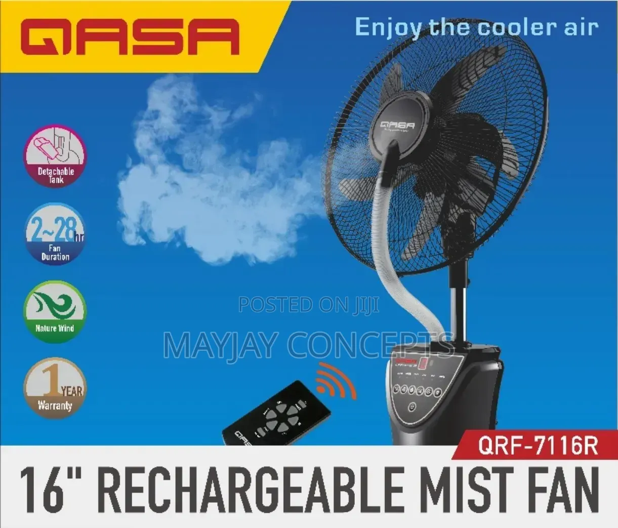 16" 3-in-1 Ac/Dc Qasa Mist Rechargeable Fan-Supports Solar