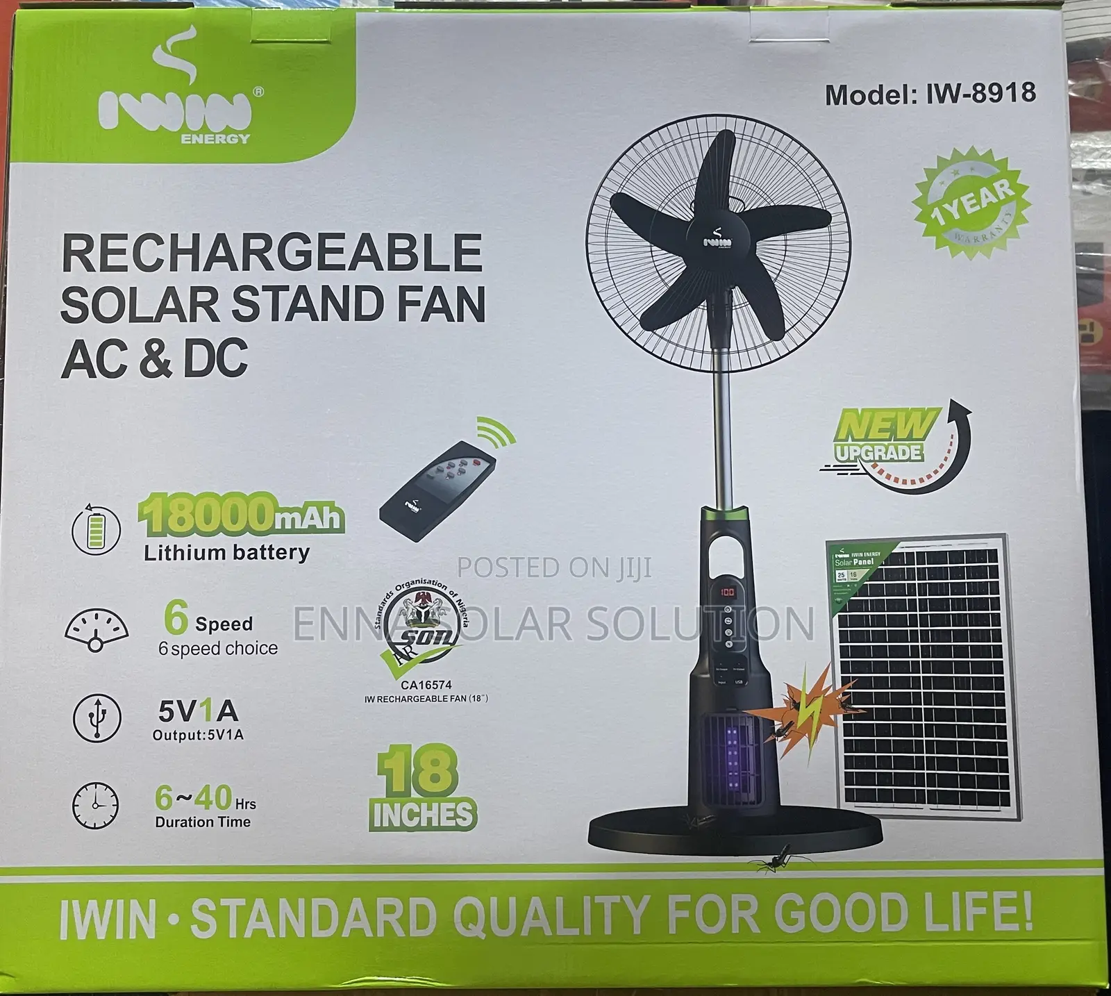 18inch Iwin Solar Rechargeable Standing Fan