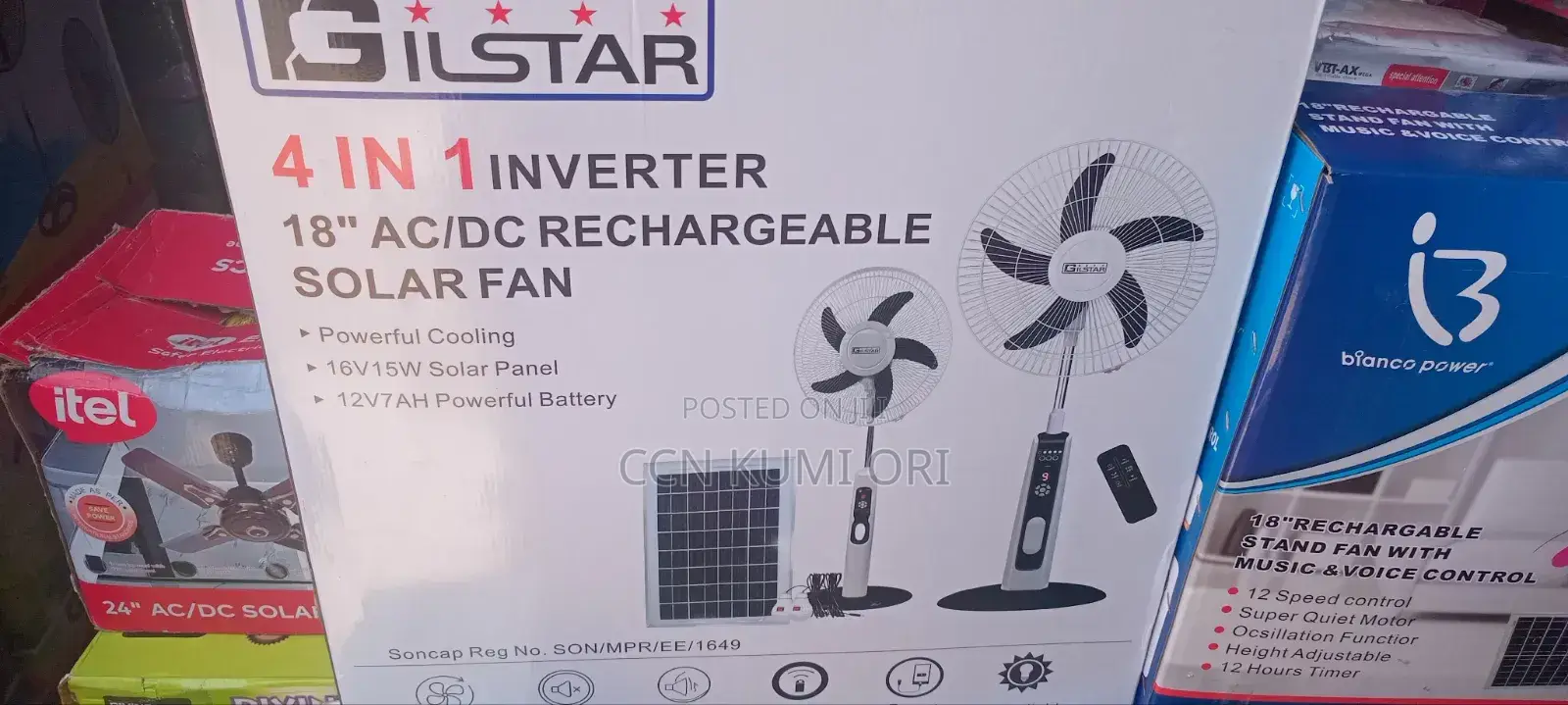 Gilstar Ac/Dc 18-Inch Solar Rechargeable Fan. 12v7ah Powerful Battery