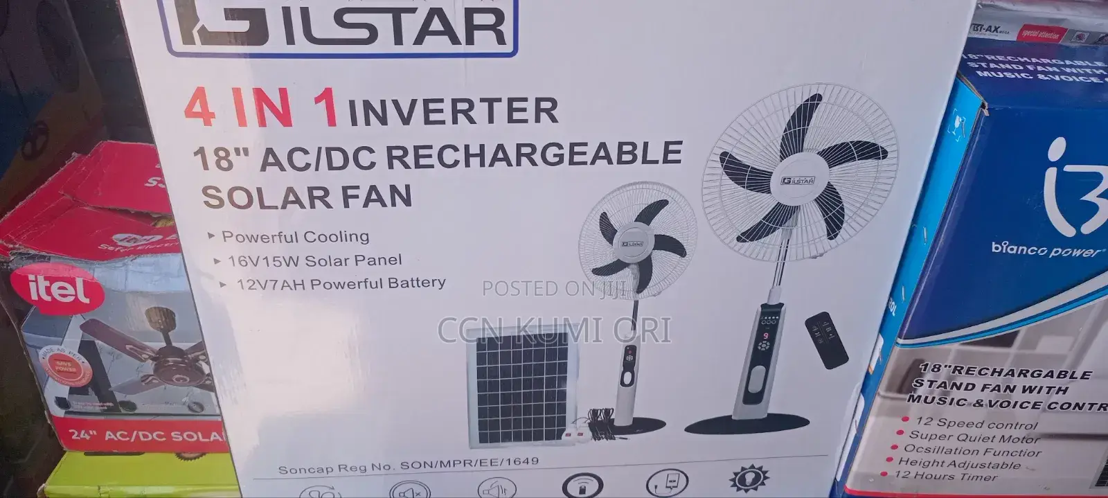 Gilstar Ac/Dc 18-Inch Solar Rechargeable Fan. 12v7ah Powerful Battery