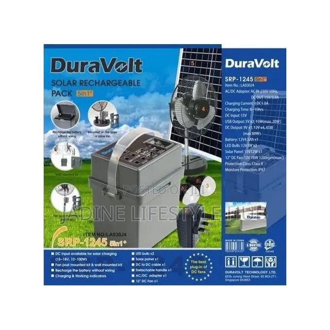 Dura Volts 5-in-1 Solar Power Rechargeable Pack + 12" Dc Pedestal Fan