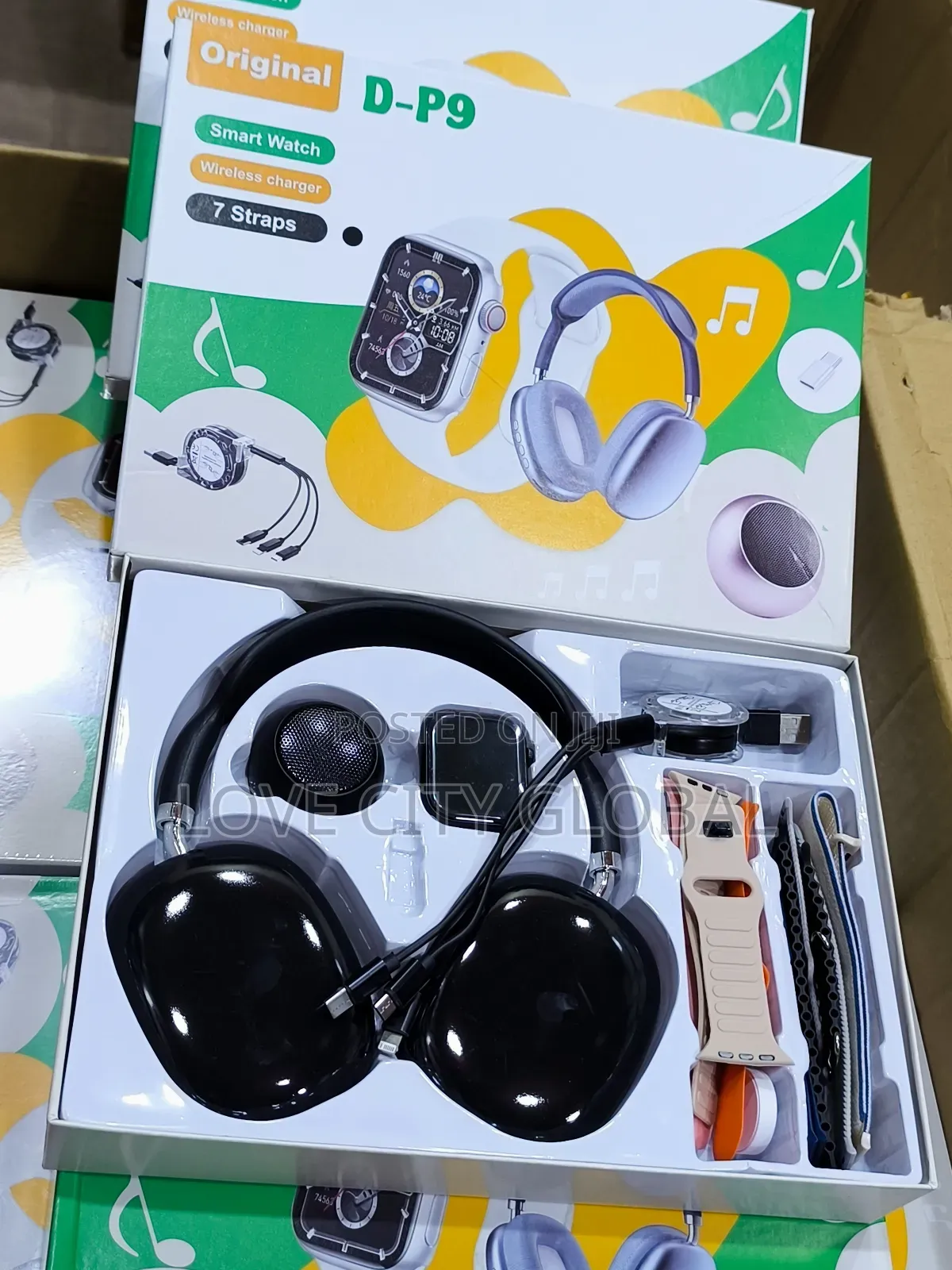 D-P9 Smart Watch Combo Set – 7 Straps, Charger, Headset, Mini Speaker