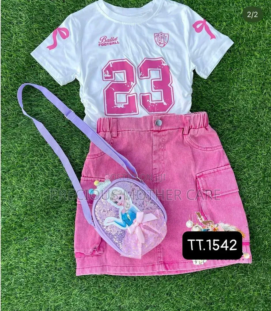 Girls Jersey Top and Pink Jean Skirt