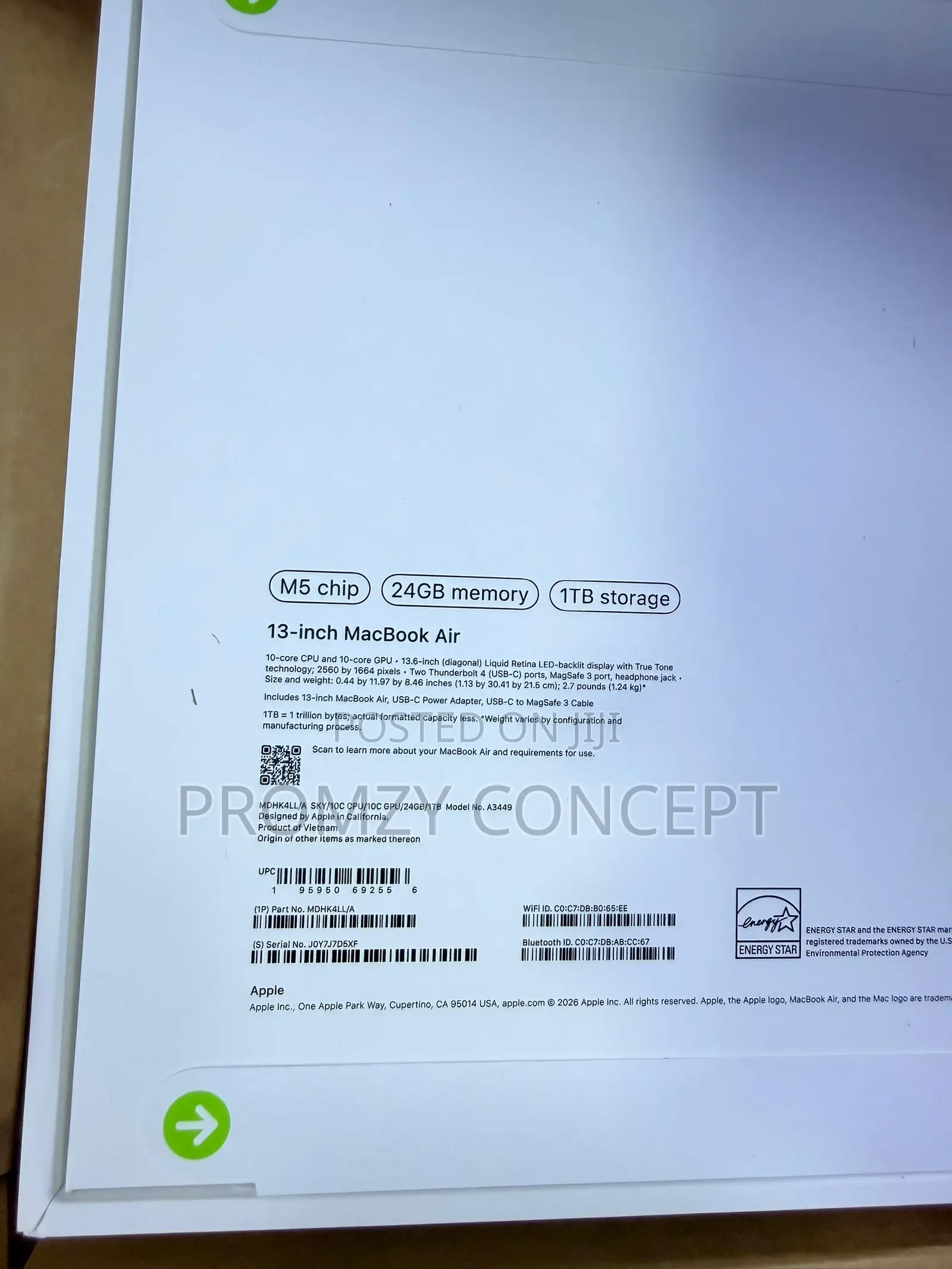 New Laptop Apple MacBook Air 2026 M5 13-inch 24GB Apple M5 SSD 1T