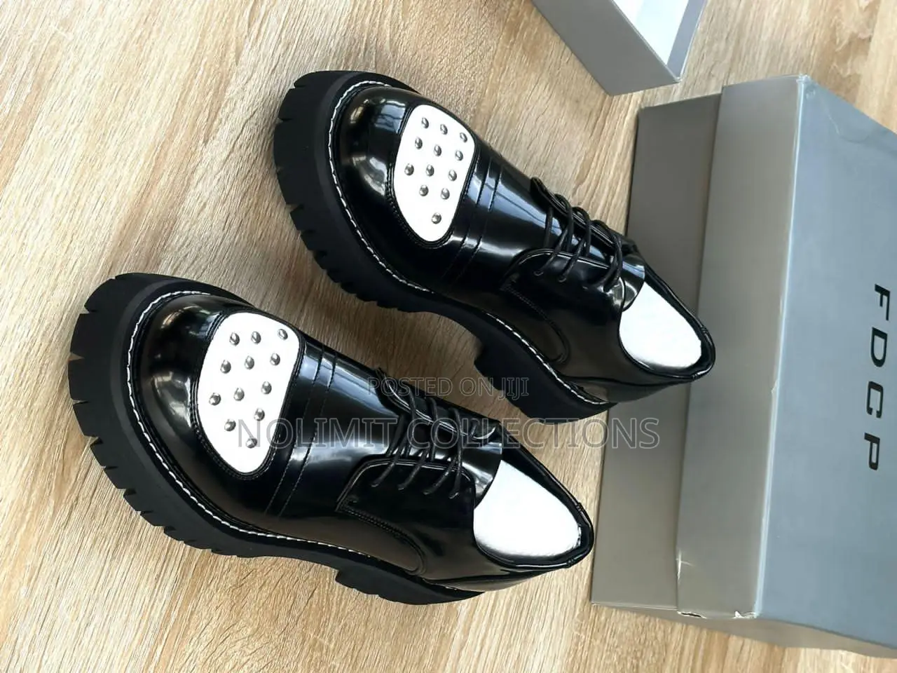 Black Patent Leather Platform Derby Shoes With White Studded Toe Cap