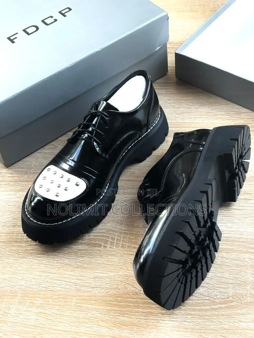 Black Patent Leather Platform Derby Shoes With White Studded Toe Cap