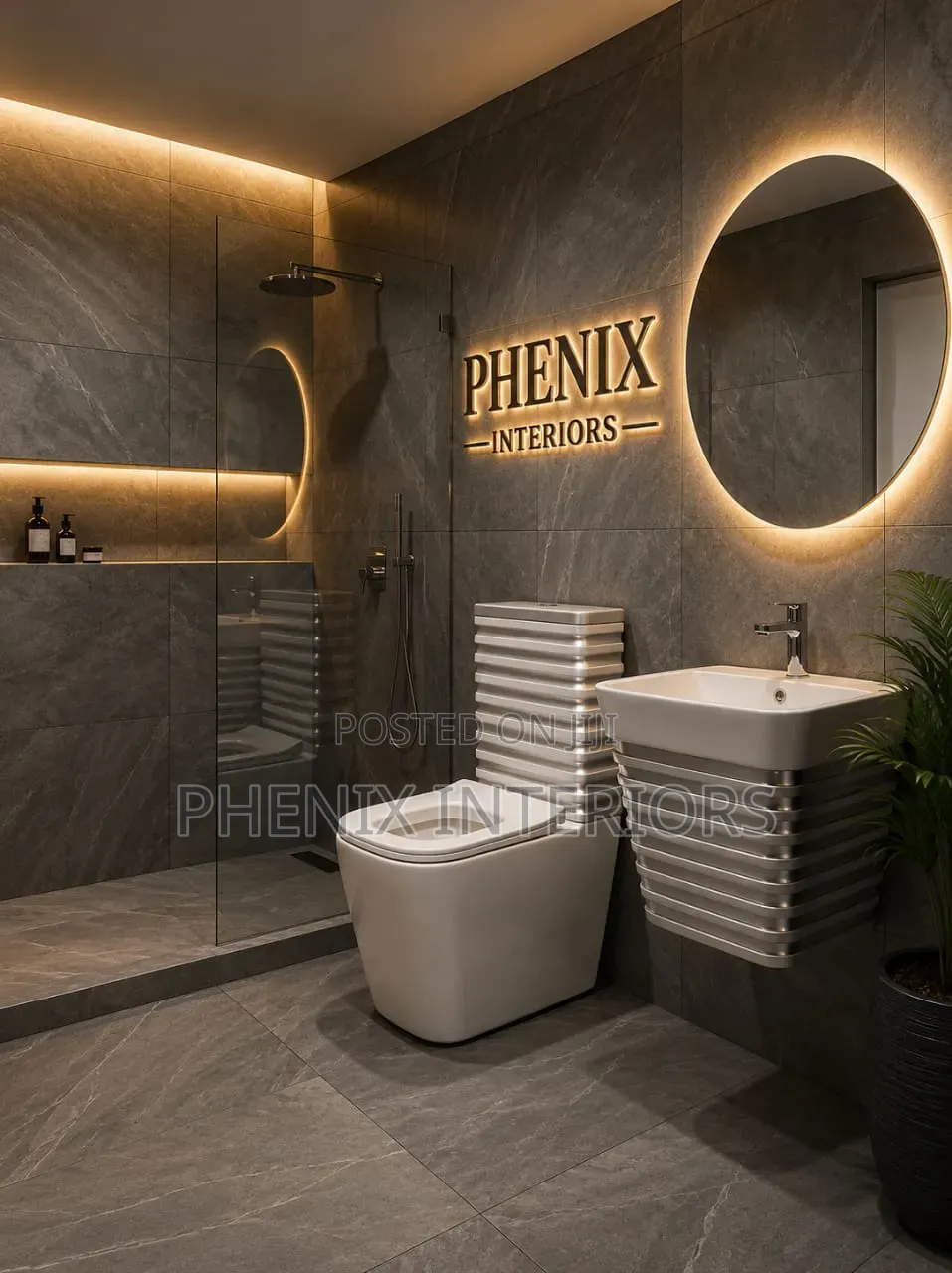Modern Toilet Water Closet With Stripe Wall Hung Basin
