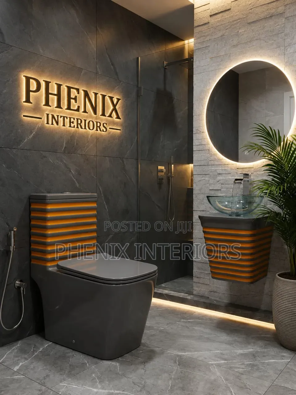 Modern Toilet Water Closet With Stripe Wall Hung Basin