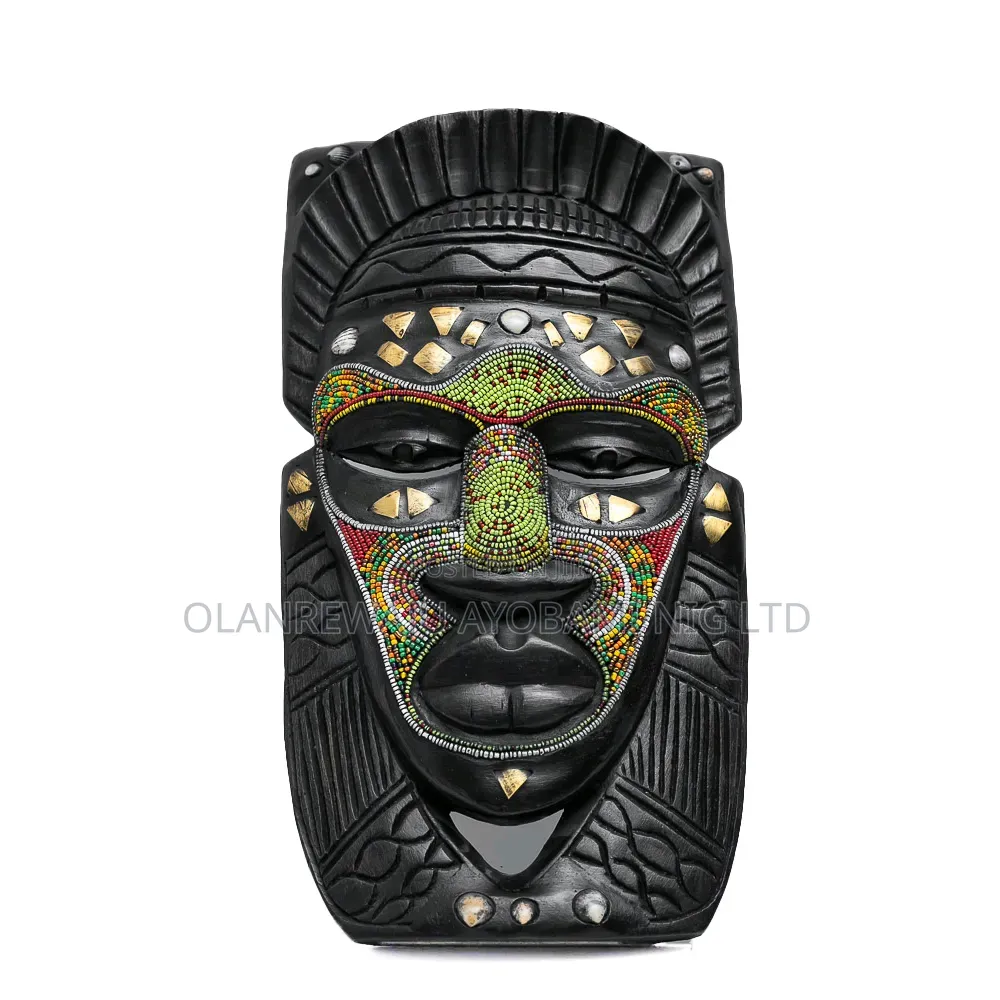 African Warrior Beaded Mask With Brass