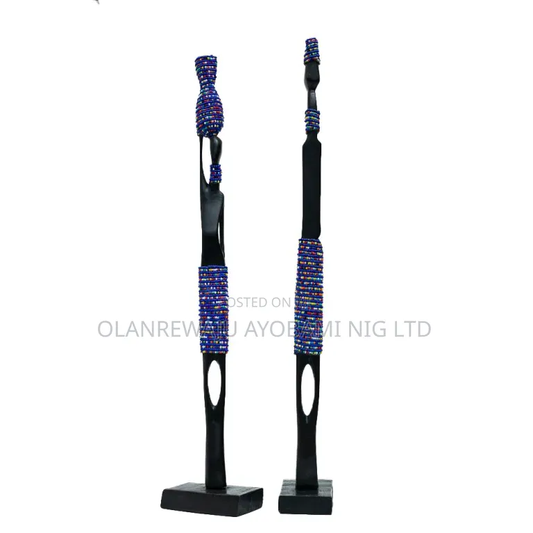 African Wooden Couple Figurines Set With Blue Beads