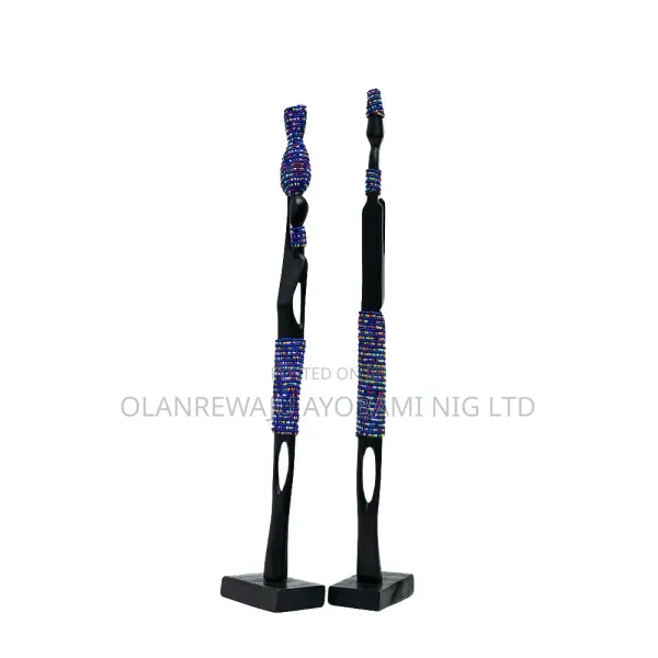 African Wooden Couple Figurines Set With Blue Beads