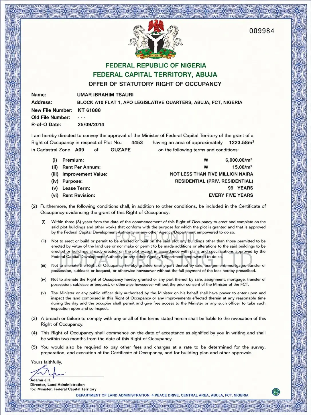 Exclusive Residential Plot With C of O in Guzape