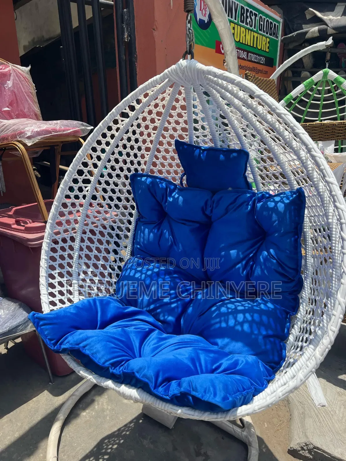 Swinging Chair Canash White With Blue Cushion