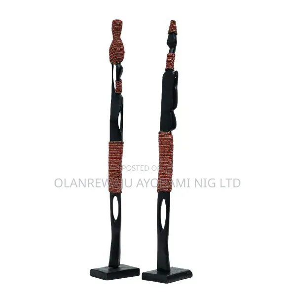 African Wooden Couple Figurines Set With Red Beads