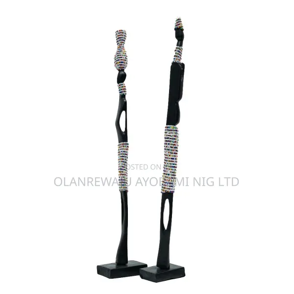 African Wooden Couple Figurines Set With White Beads