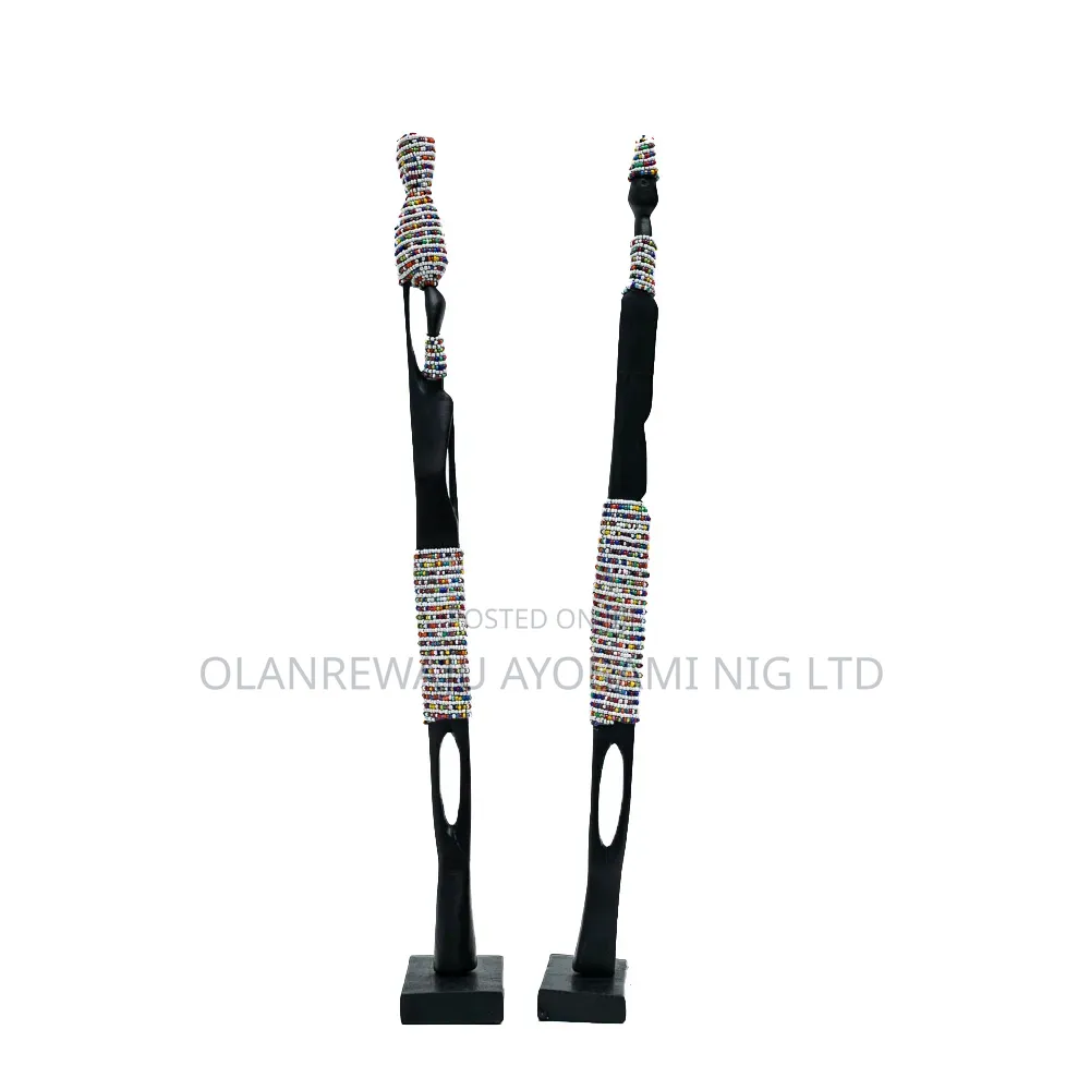 African Wooden Couple Figurines Set With White Beads